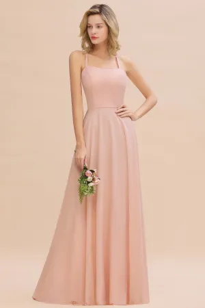 Modern Pink Long Chiffon A-line Open Back Bridesmaid Dress