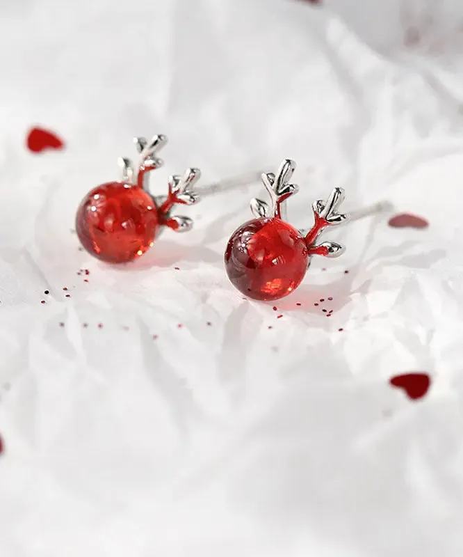 Modern Red Sterling Silver Garnet Antler Stud Earrings LY8574