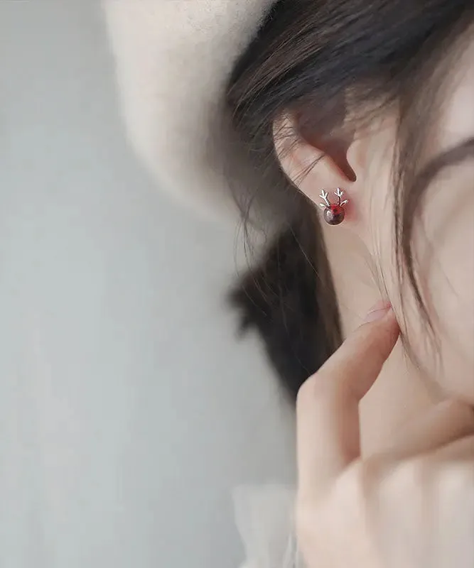 Modern Red Sterling Silver Garnet Antler Stud Earrings LY8574