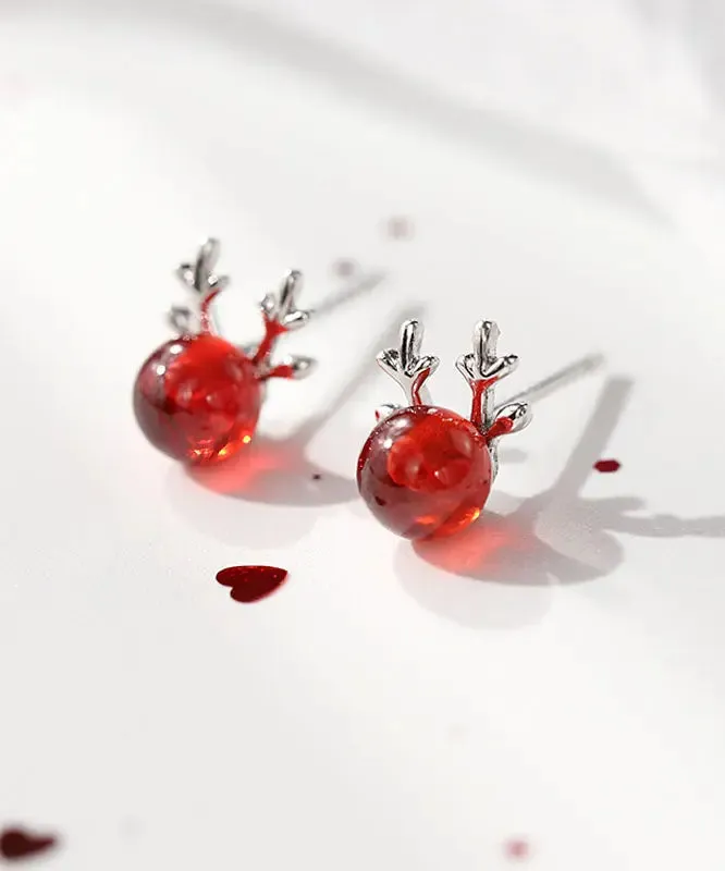 Modern Red Sterling Silver Garnet Antler Stud Earrings LY8574