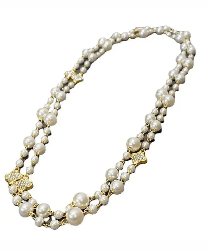 Modern White Overgild Pearl Clover Zircon Princess Necklace ML1266