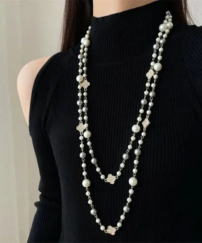 Modern White Overgild Pearl Clover Zircon Princess Necklace ML1266