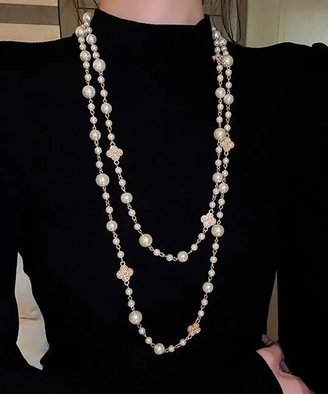 Modern White Overgild Pearl Clover Zircon Princess Necklace ML1266