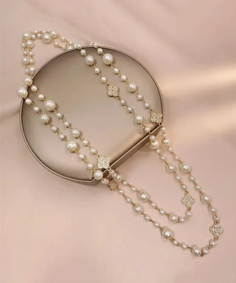 Modern White Overgild Pearl Clover Zircon Princess Necklace ML1266