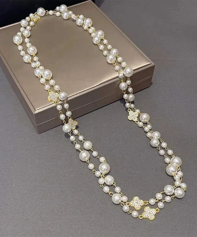 Modern White Overgild Pearl Clover Zircon Princess Necklace ML1266