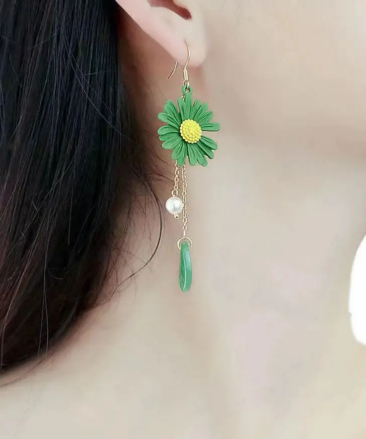 Modern Yellow Sterling Silver Overgild Pearl Little Daisy Drop Earrings LY8971
