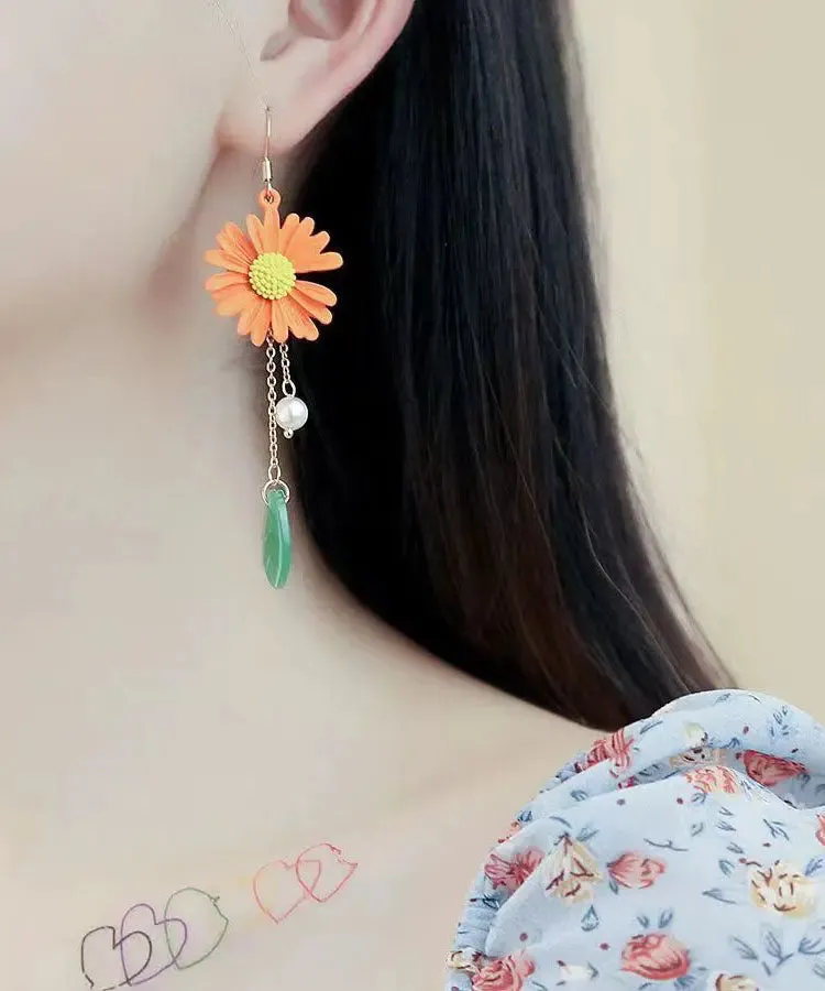Modern Yellow Sterling Silver Overgild Pearl Little Daisy Drop Earrings LY8971