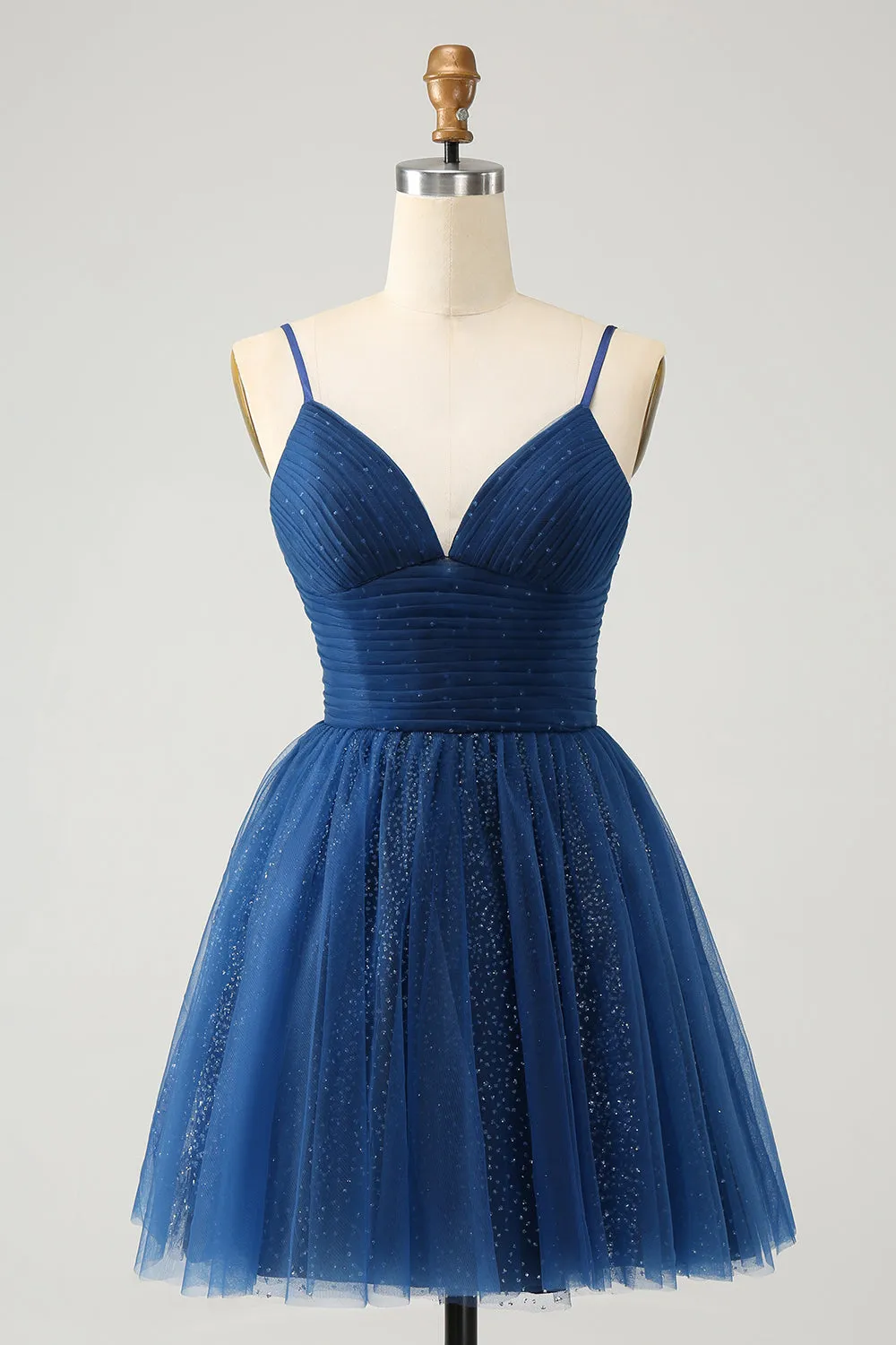 Navy A Line Spaghetti Straps Tulle Lace- Up Back Mini Dress