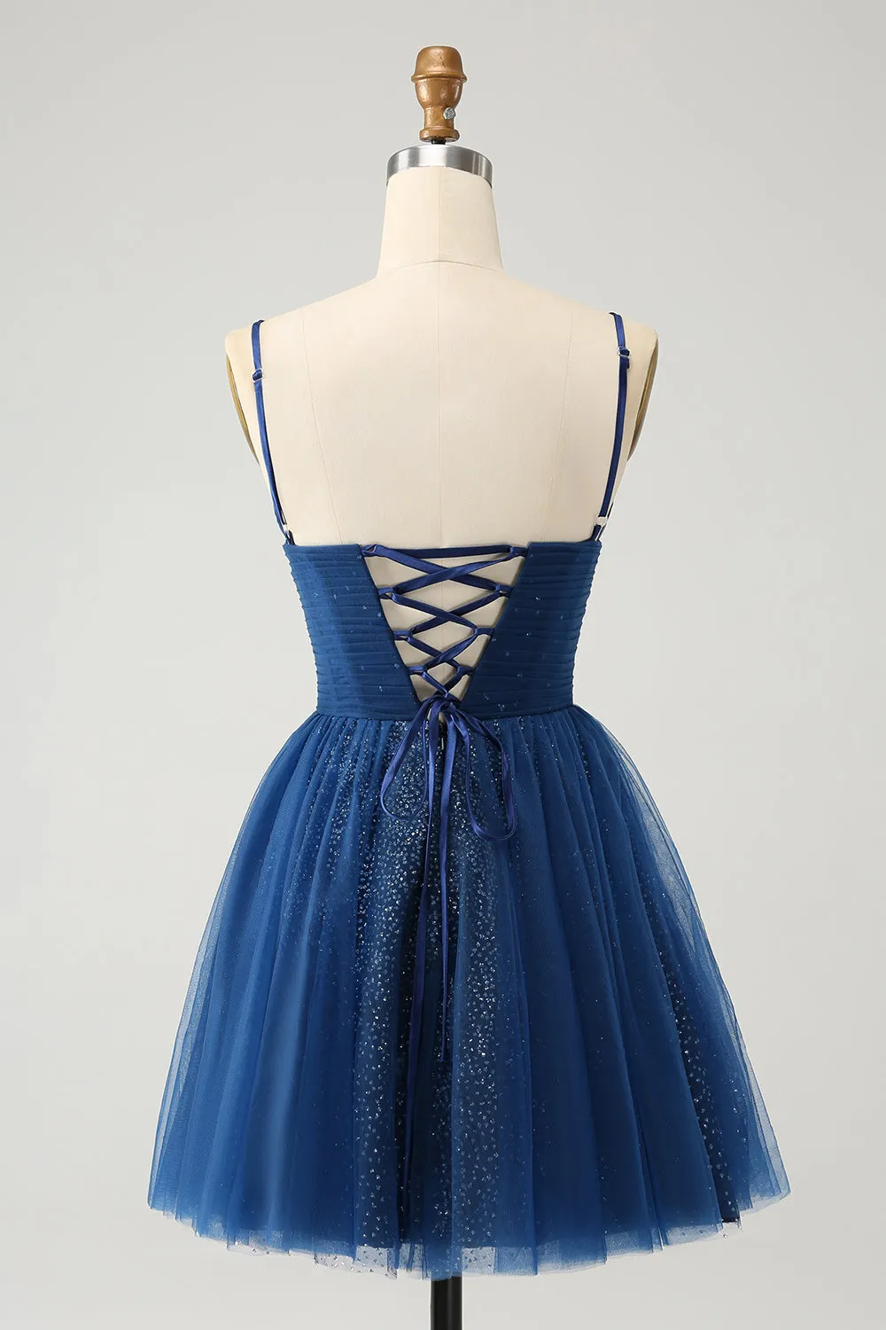 Navy A Line Spaghetti Straps Tulle Lace- Up Back Mini Dress