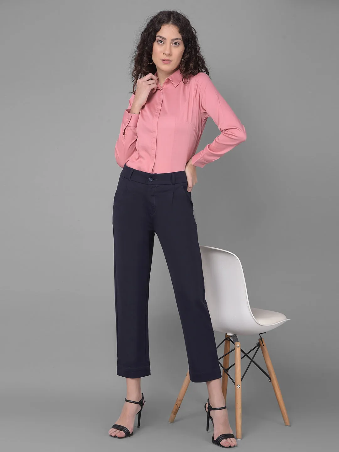 Navy Blue Pleated Straight Trousers