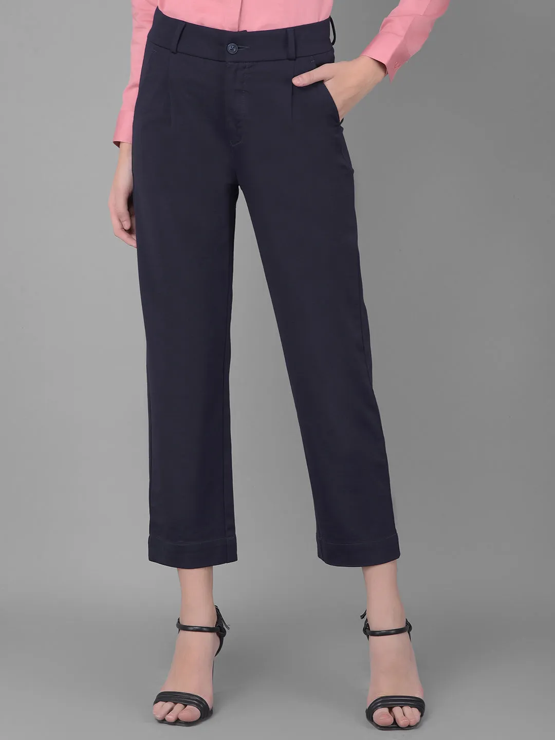 Navy Blue Pleated Straight Trousers