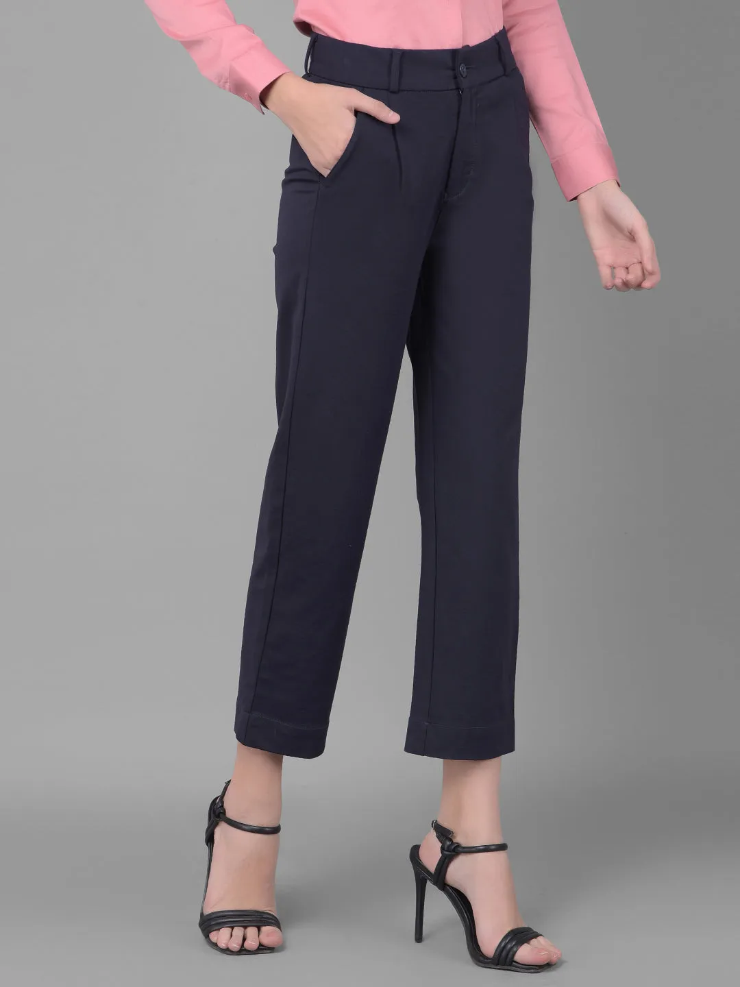 Navy Blue Pleated Straight Trousers
