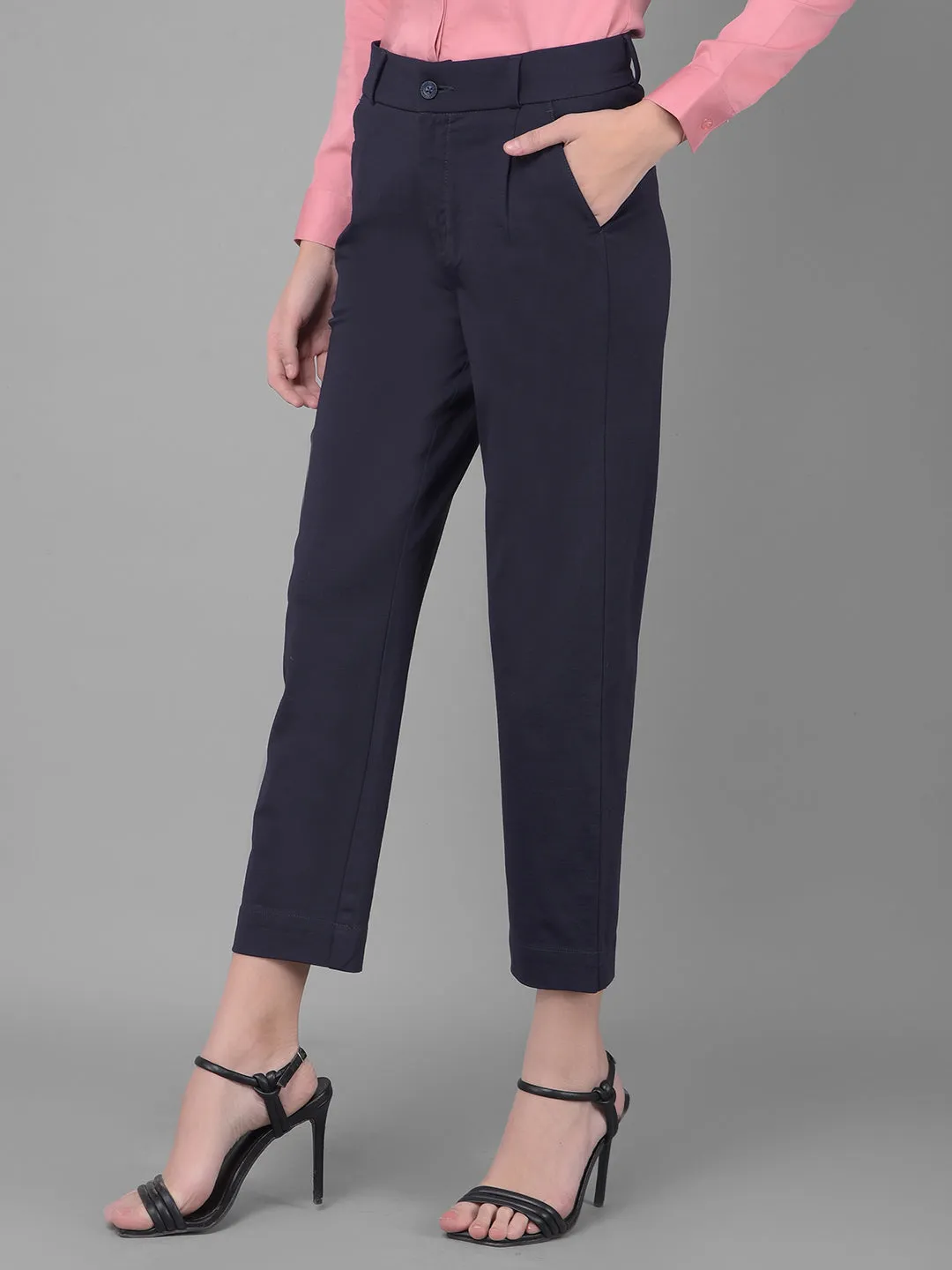 Navy Blue Pleated Straight Trousers