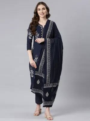 Neerus Navy Blue Panelled Straight Floral Kurta And Trousers With Dupatta