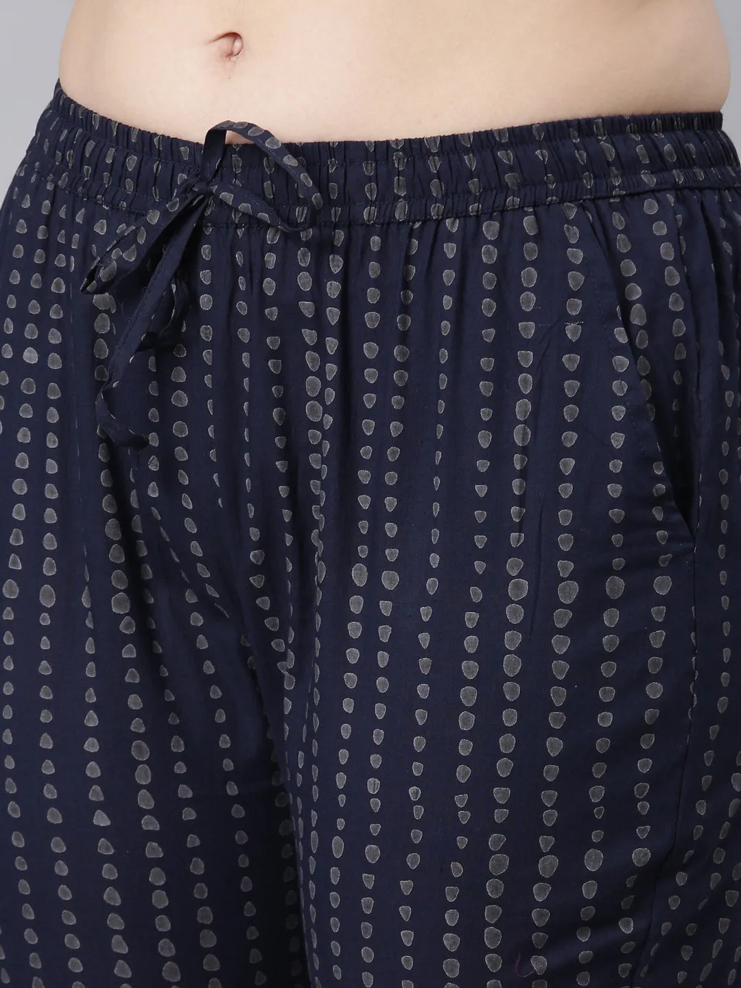 Neerus Navy Blue Panelled Straight Floral Kurta And Trousers With Dupatta