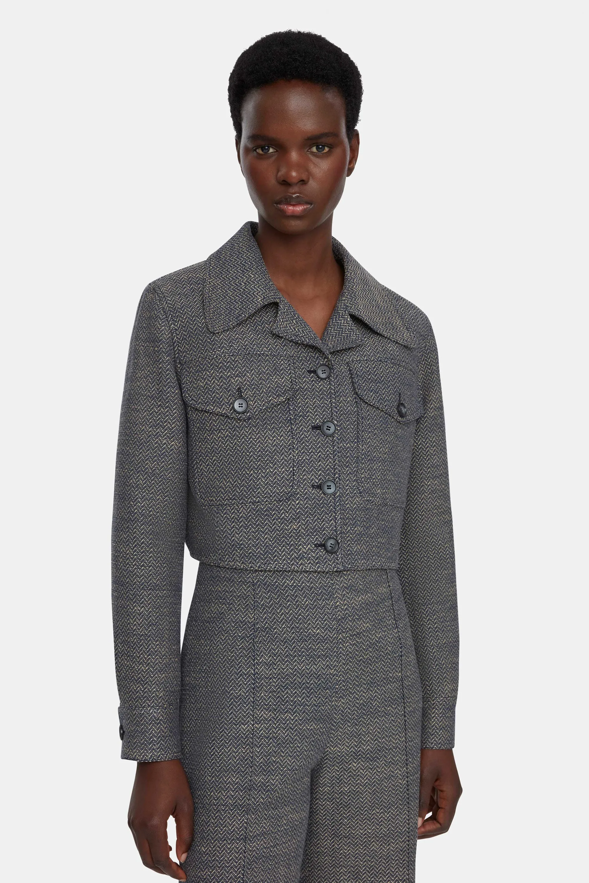 Nics Jacket In Navy & Ivory Chevron Weave