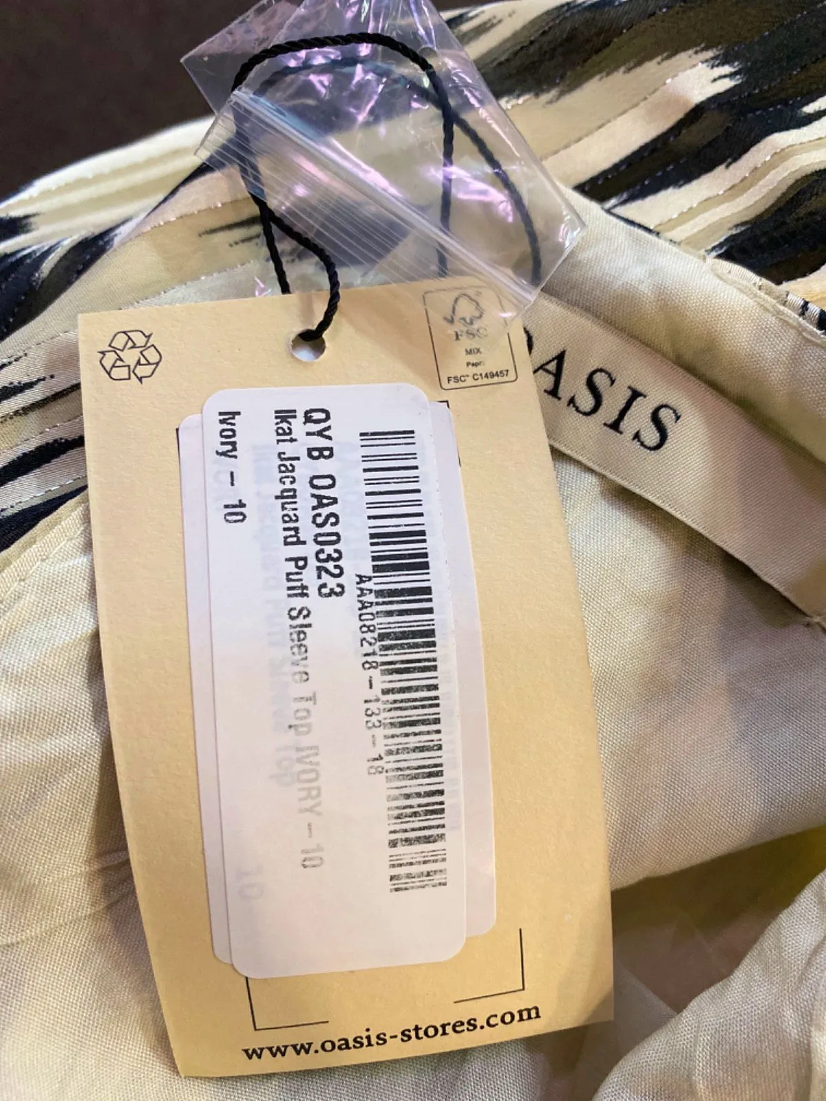 OASIS Ivory Kat Jacquard Print Long Sleeve Top UK 10