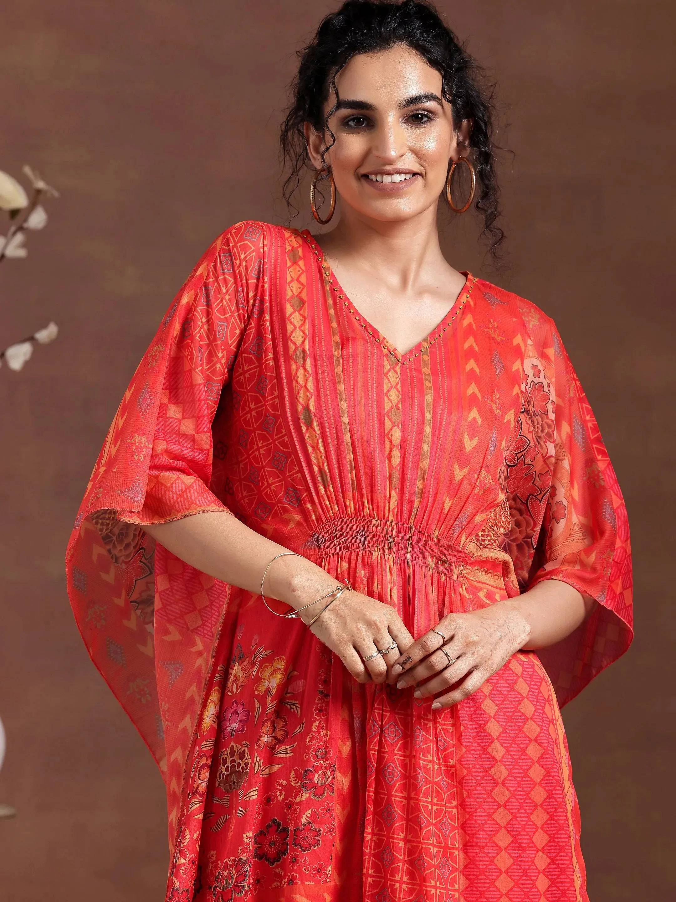 Orange Printed Chiffon 3 Piece Co-Ords