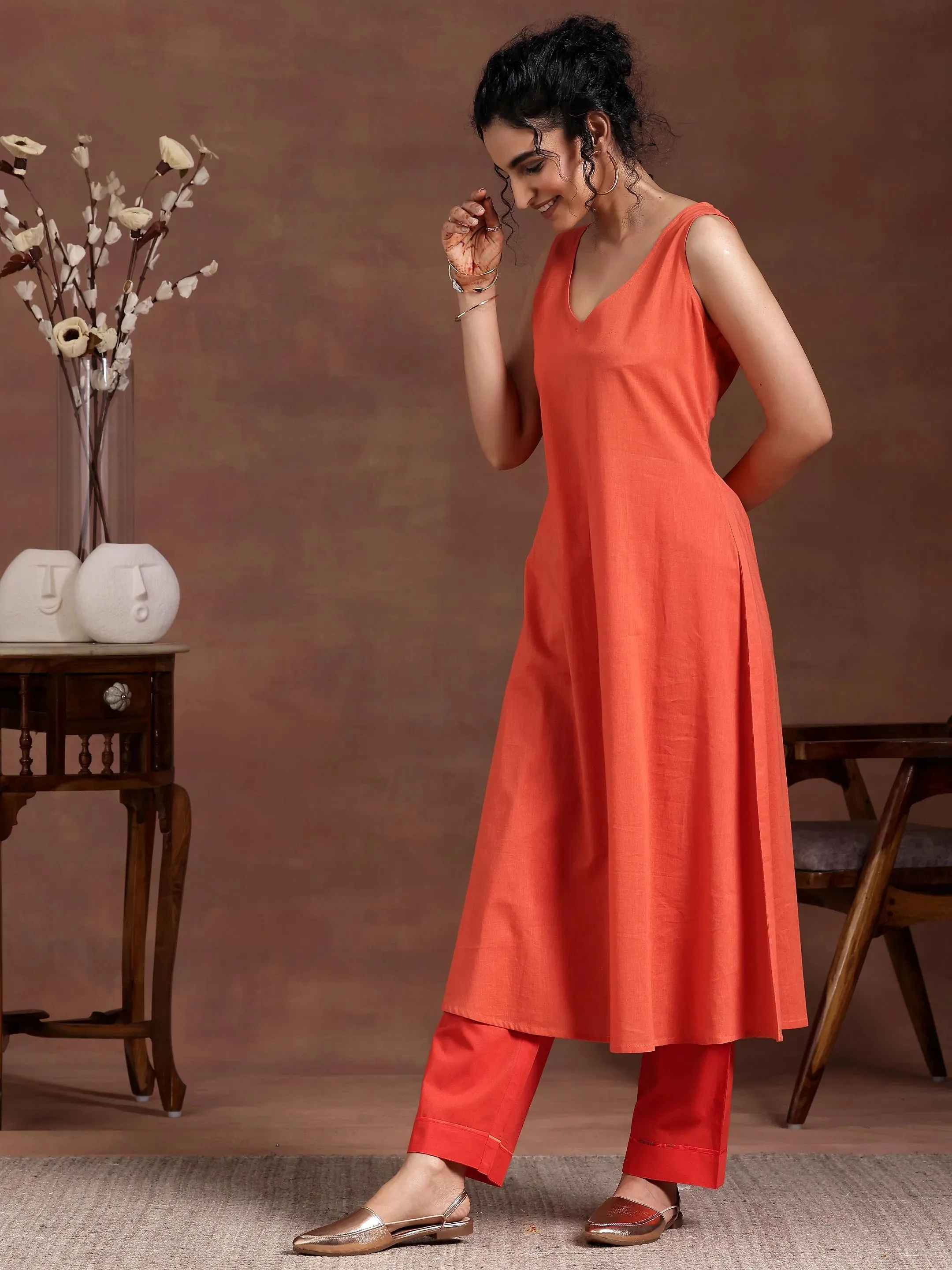 Orange Printed Chiffon 3 Piece Co-Ords