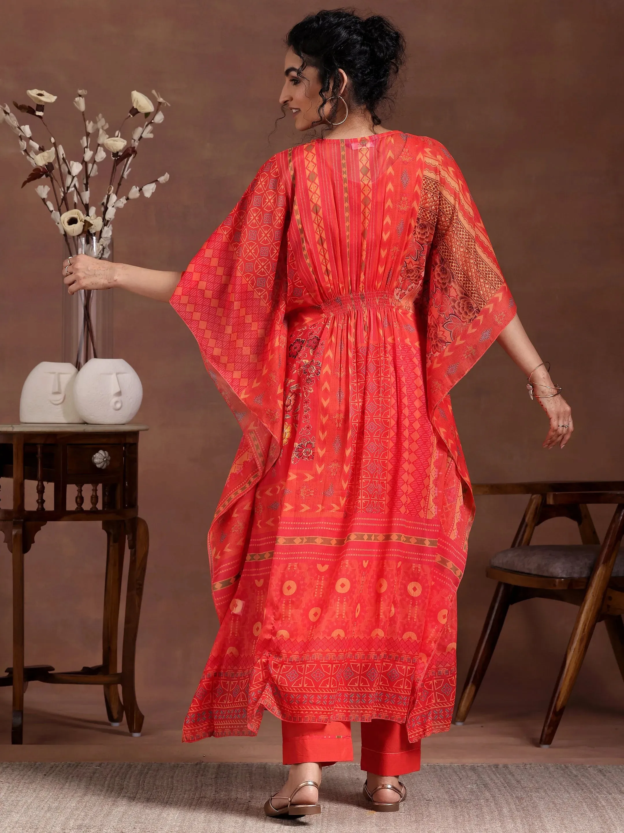 Orange Printed Chiffon 3 Piece Co-Ords