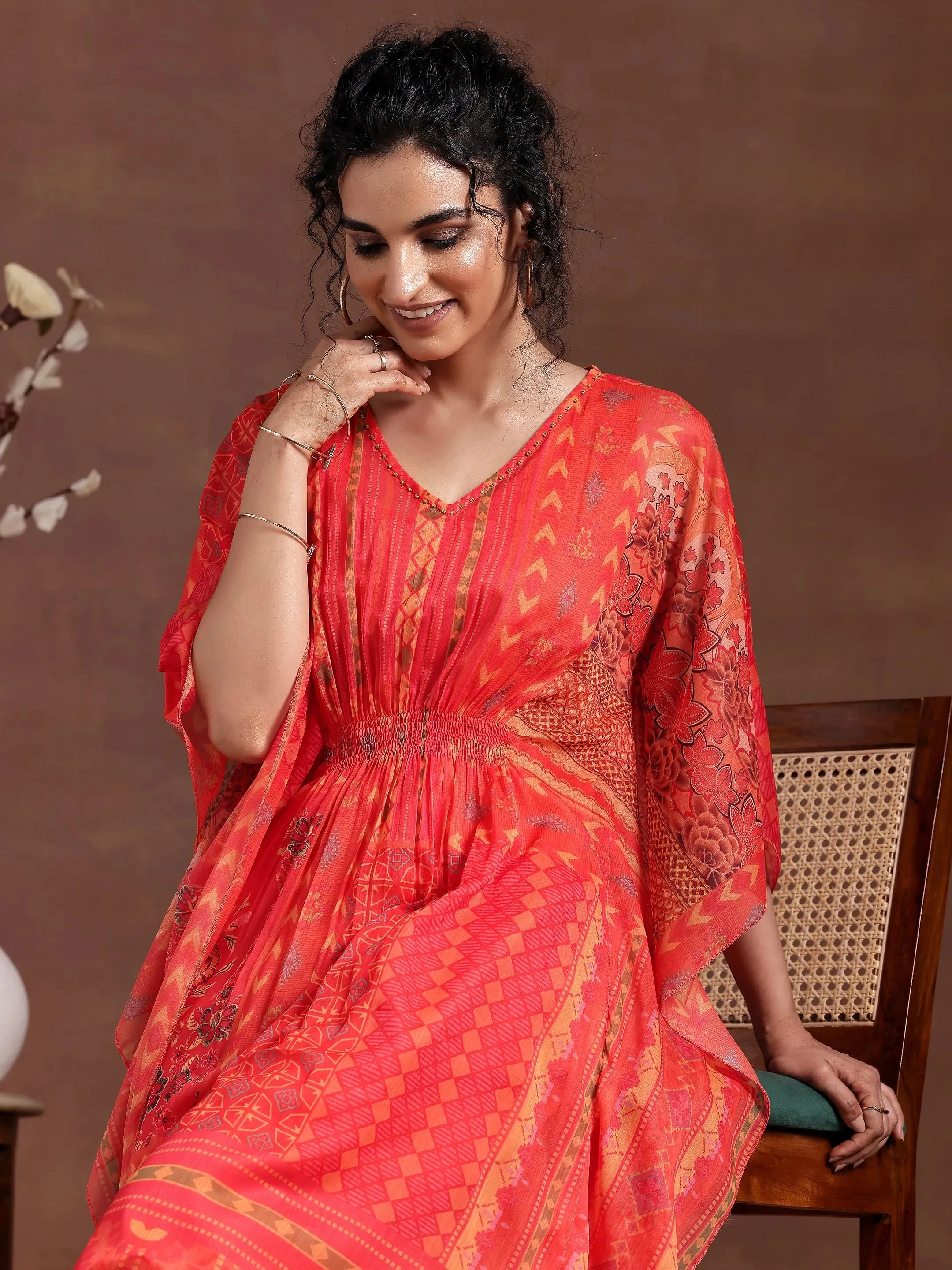 Orange Printed Chiffon 3 Piece Co-Ords