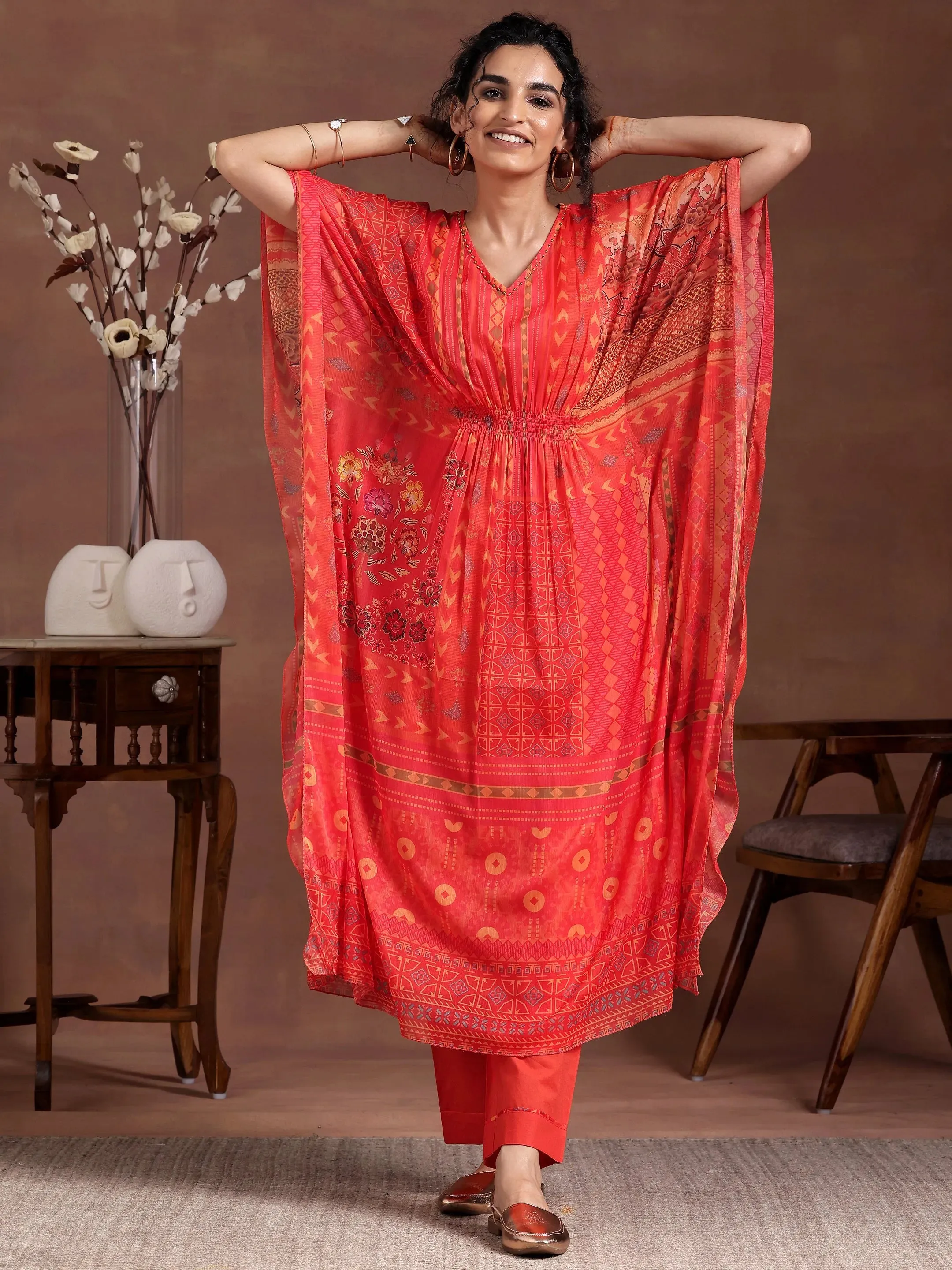 Orange Printed Chiffon 3 Piece Co-Ords