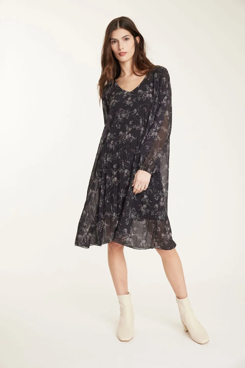 Pistache Accordion Georgette Dress - Floral Print