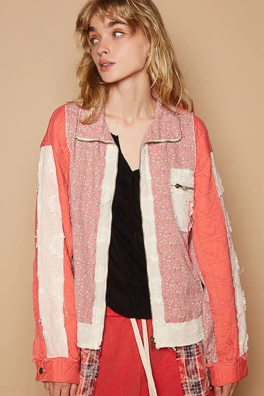 POL Clothing Floral Patchwork Zip Up Long Sleeve Womens Jacket