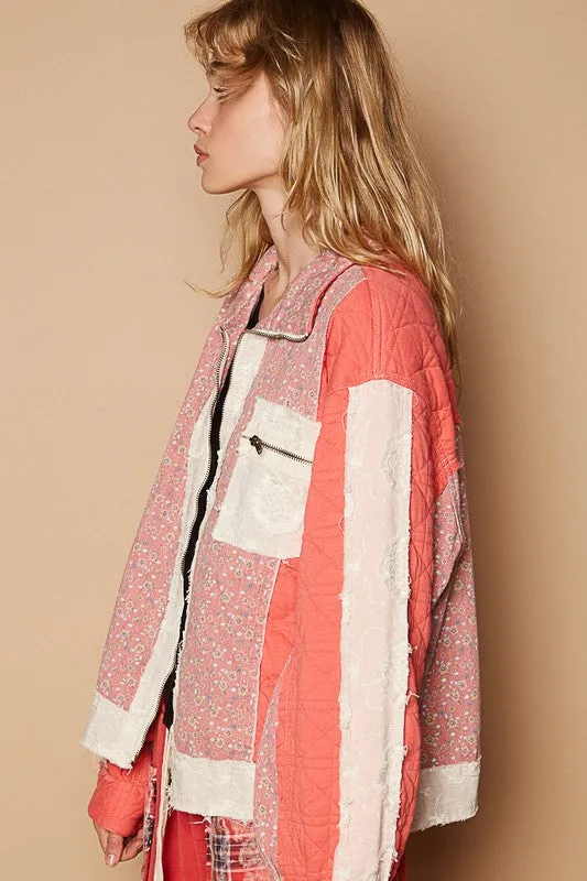 POL Clothing Floral Patchwork Zip Up Long Sleeve Womens Jacket