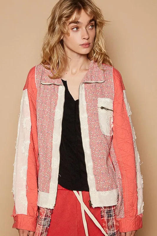 POL Clothing Floral Patchwork Zip Up Long Sleeve Womens Jacket