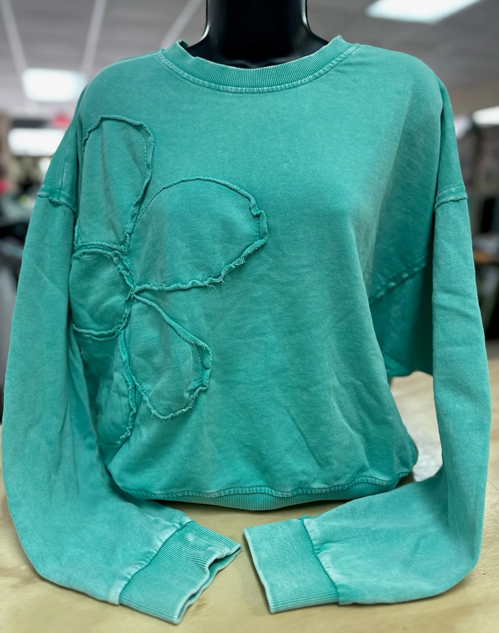 "Seafoam Distressed Side Flower" Long Sleeve Sweater Top