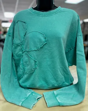 "Seafoam Distressed Side Flower" Long Sleeve Sweater Top
