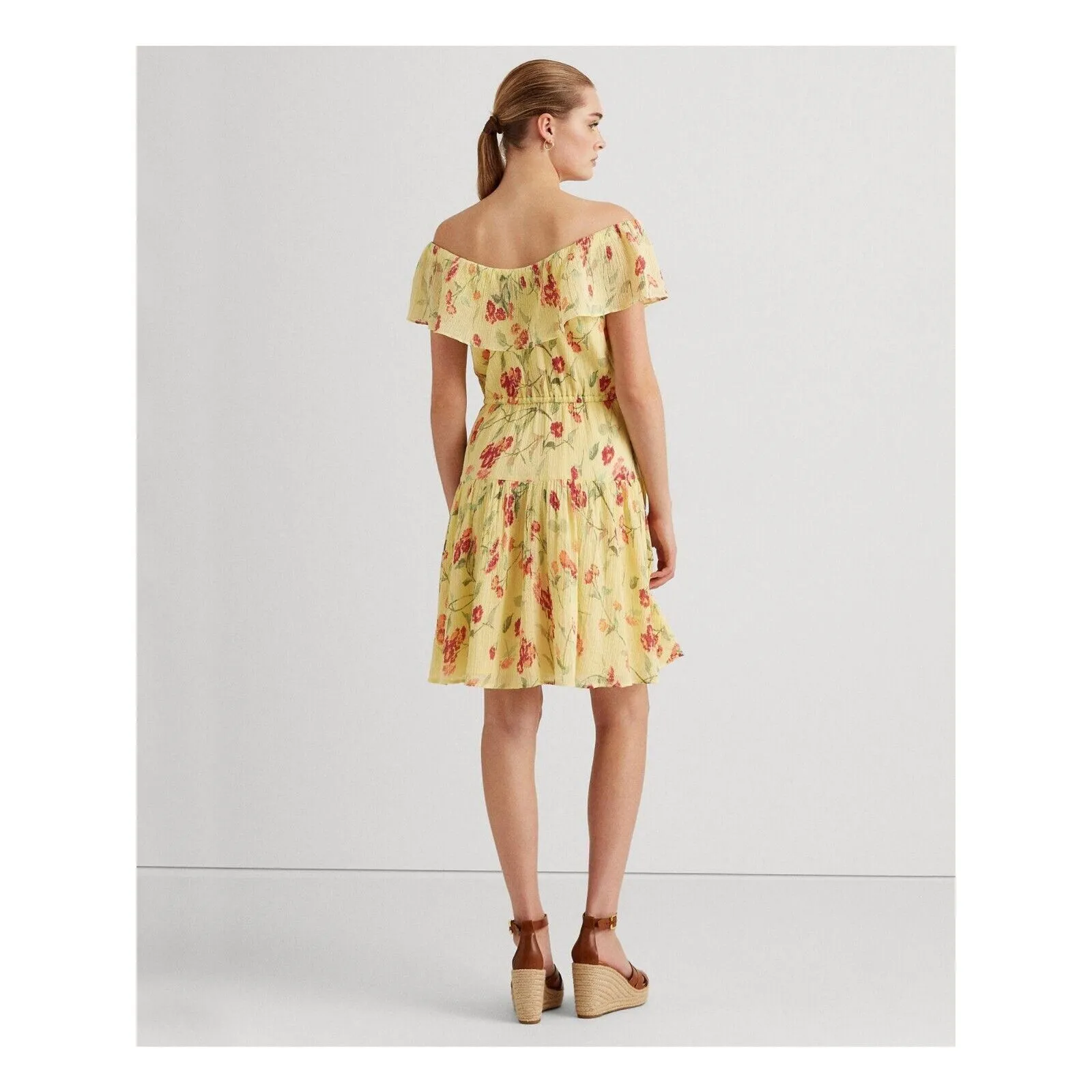 Ralph Lauren Yellow Ruffled Elastic Floral Flutter Dress Size 14 MSRP $145