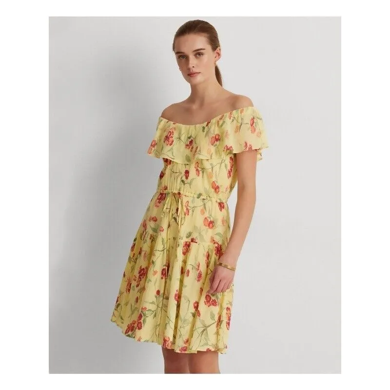 Ralph Lauren Yellow Ruffled Elastic Floral Flutter Dress Size 14 MSRP $145