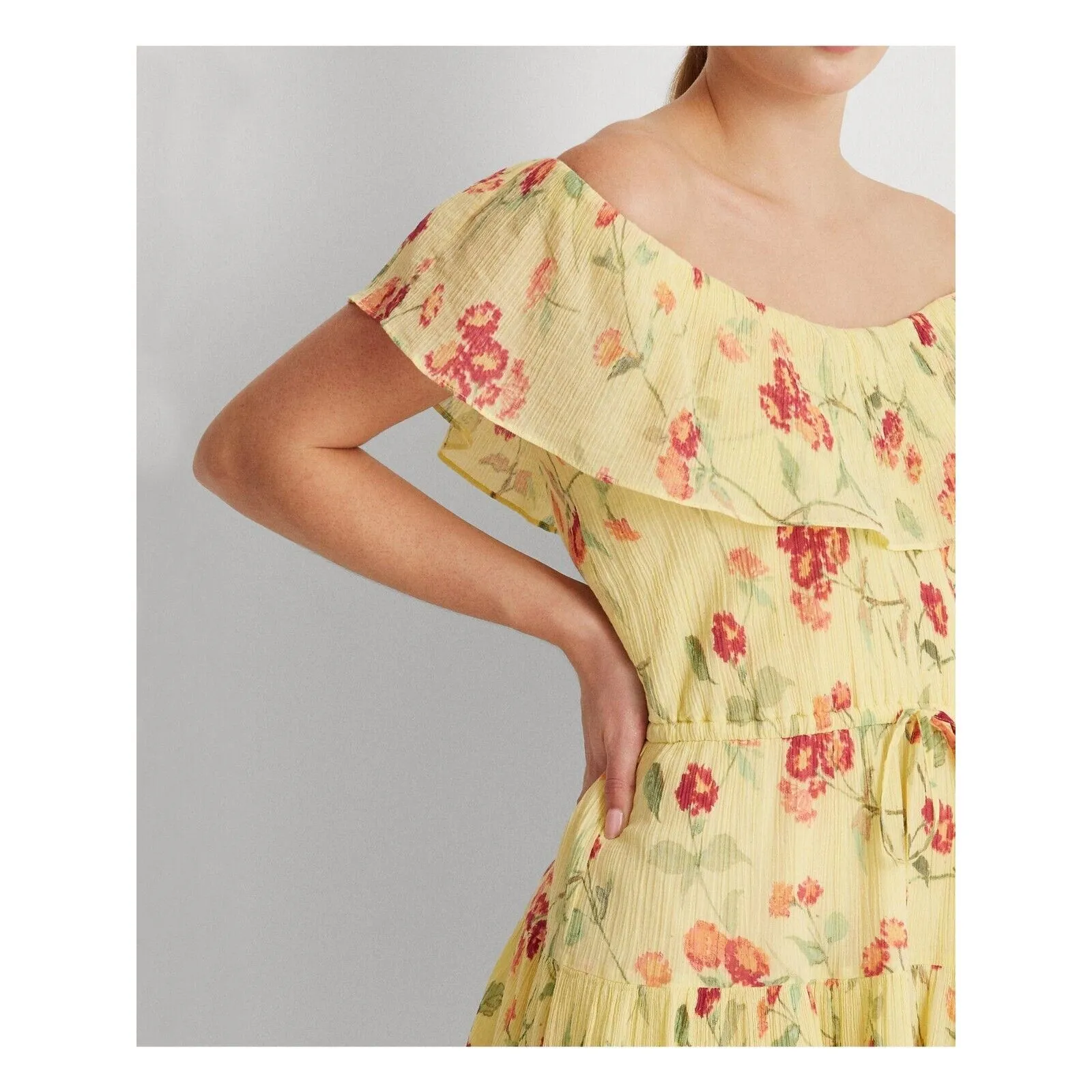 Ralph Lauren Yellow Ruffled Elastic Floral Flutter Dress Size 14 MSRP $145