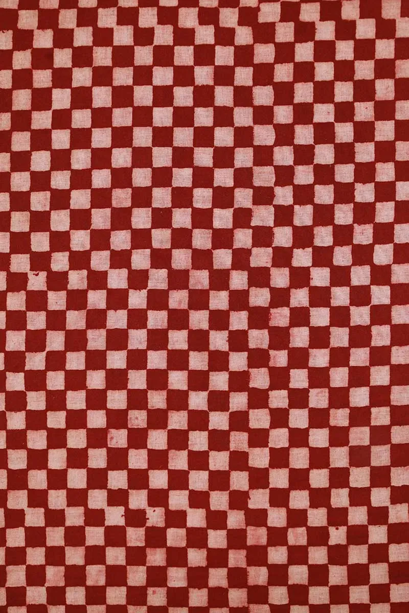 Red Chequered Pattern Modern Ajrakh Fabric