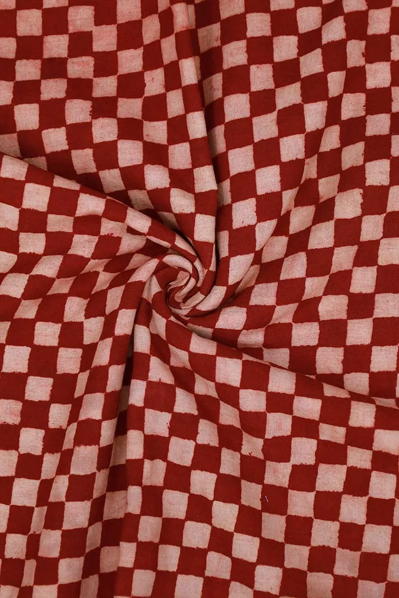 Red Chequered Pattern Modern Ajrakh Fabric