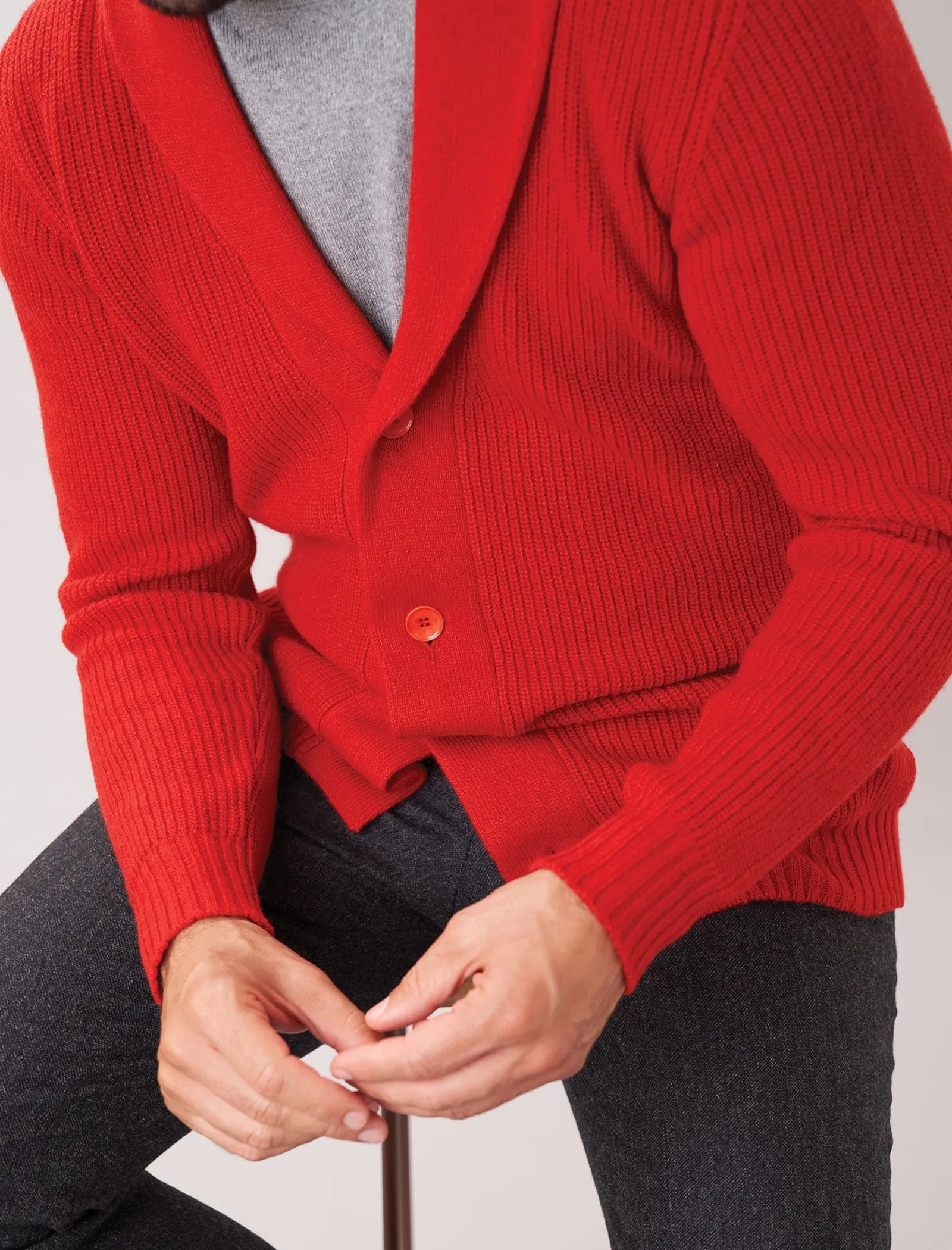 Red Ribbed Shawl Neck Wool & Cashmere Cardigan