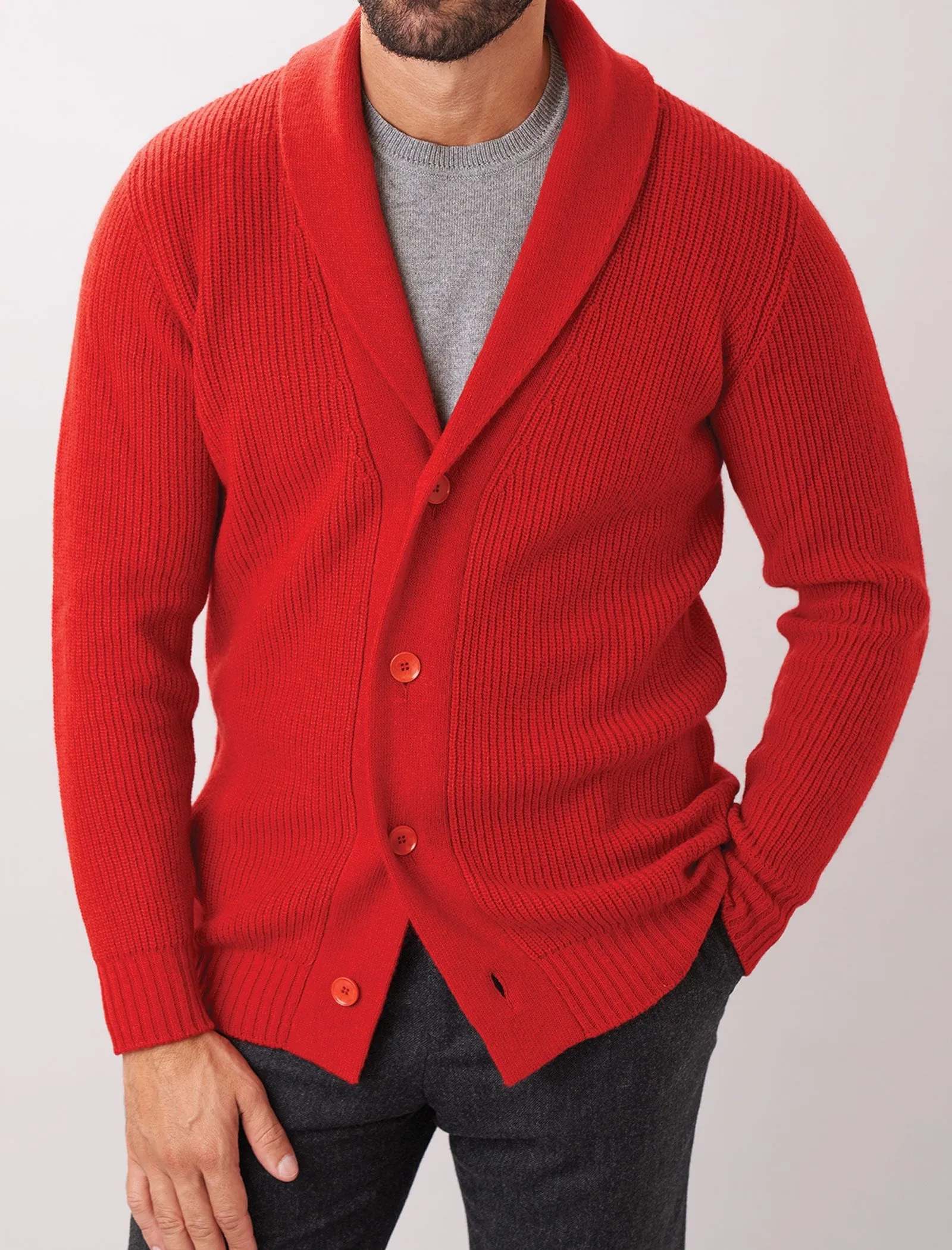 Red Ribbed Shawl Neck Wool & Cashmere Cardigan