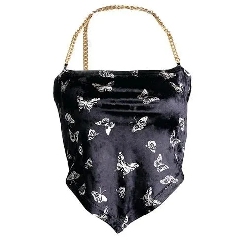 Sexy Backless Velvet Top Women Butterfly Print Cropped Tops 2018 Summer Fashion Streetwear Metal Chain Bandage Tank Top
