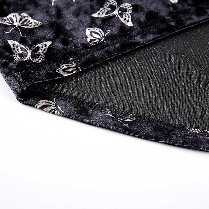 Sexy Backless Velvet Top Women Butterfly Print Cropped Tops 2018 Summer Fashion Streetwear Metal Chain Bandage Tank Top
