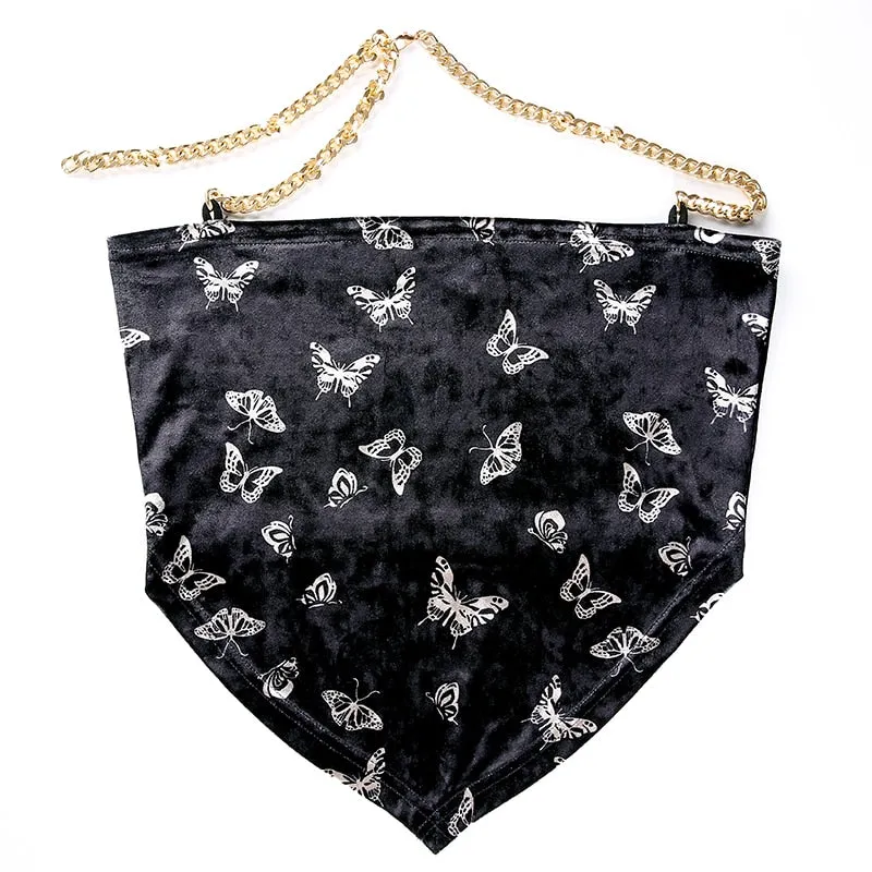 Sexy Backless Velvet Top Women Butterfly Print Cropped Tops 2018 Summer Fashion Streetwear Metal Chain Bandage Tank Top