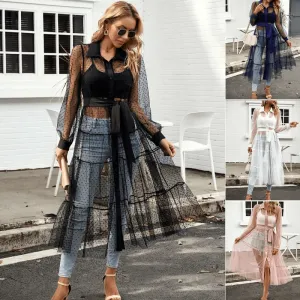 Sheer Mesh Perspective Long Sleeved Waist Cinching Dress