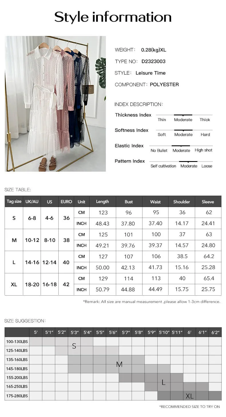 Sheer Mesh Perspective Long Sleeved Waist Cinching Dress