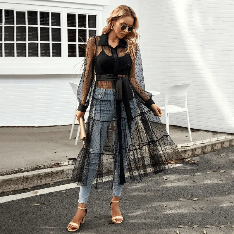 Sheer Mesh Perspective Long Sleeved Waist Cinching Dress
