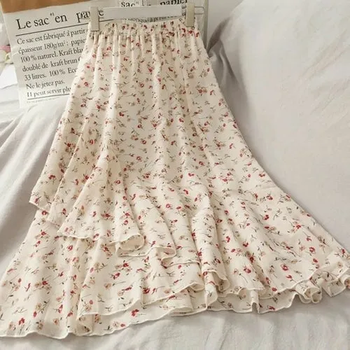 Skirts Women Summer 2021 Floral Sweet Empire Mid calf Ruffles Cozy