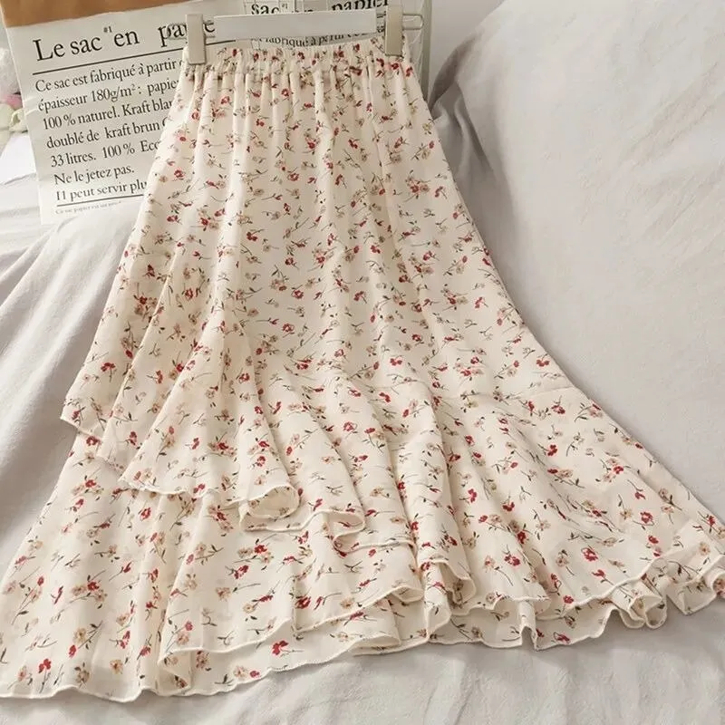 Skirts Women Summer 2021 Floral Sweet Empire Mid calf Ruffles Cozy