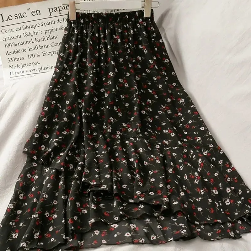 Skirts Women Summer 2021 Floral Sweet Empire Mid calf Ruffles Cozy