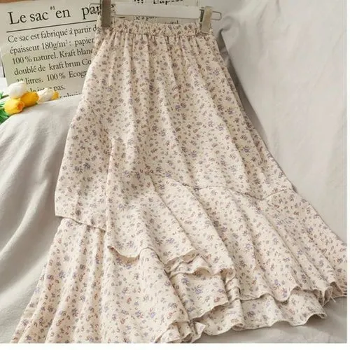 Skirts Women Summer 2021 Floral Sweet Empire Mid calf Ruffles Cozy
