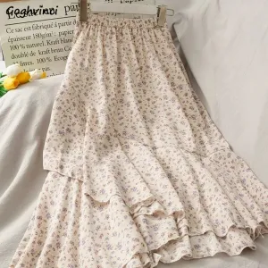 Skirts Women Summer 2021 Floral Sweet Empire Mid calf Ruffles Cozy